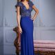 Mėlyna Terani Couture prabangi proginė suknelė gilia iškirpte
