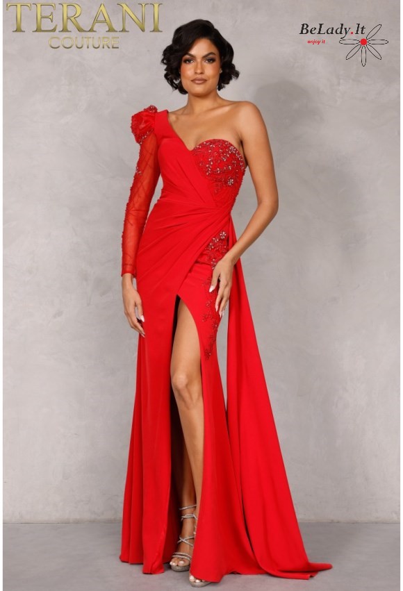 Ekstravagantiška raudona suknelė su viena rankove