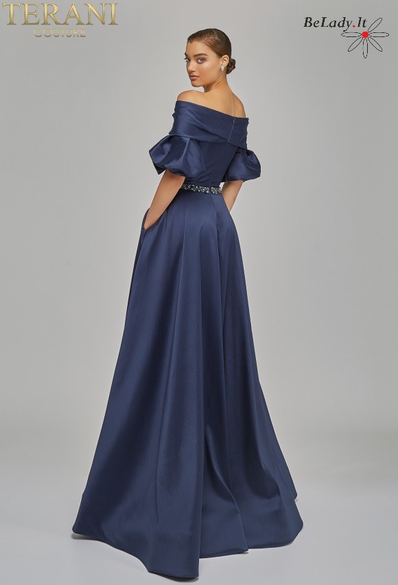 Mėlyna proginė suknelė su rankovėmis, proginių suknelių nuoma vestuvems